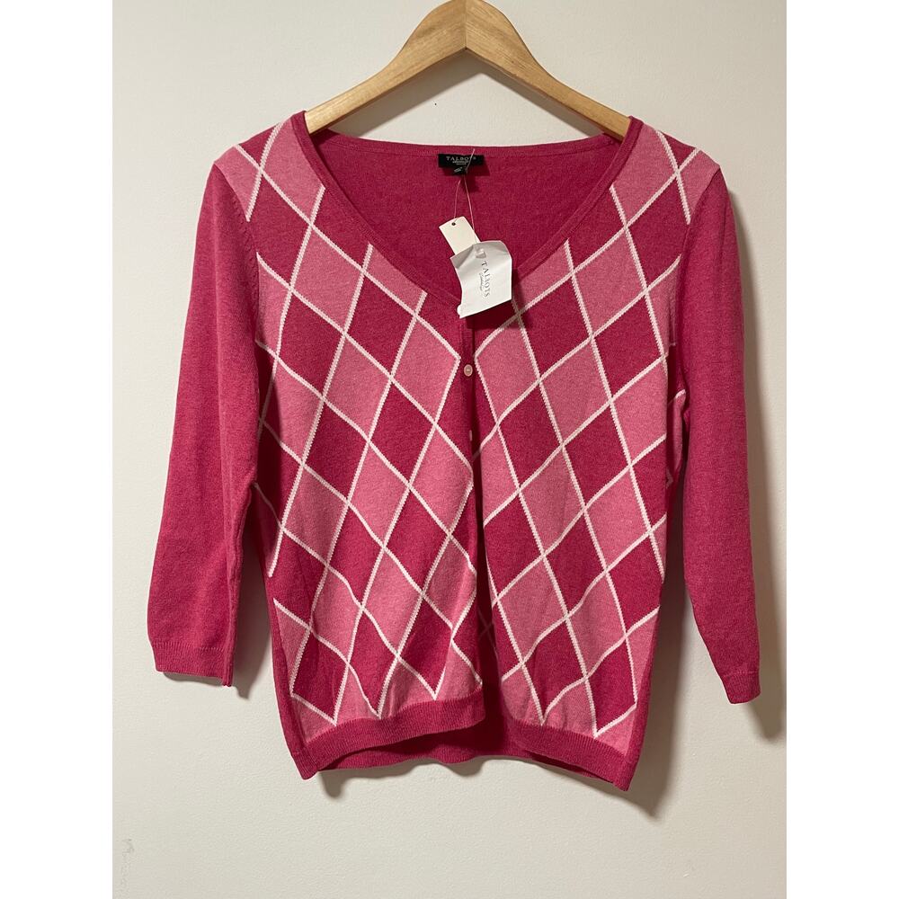 NWT Talbots Womens M Pink Argyle 3/4 Sleeve Button Front Knit Academia Cardigan